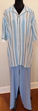 Montique 2 Pc Walking Suit Short Sleeve Set White Blue Gray Shirt M, 33 Pants